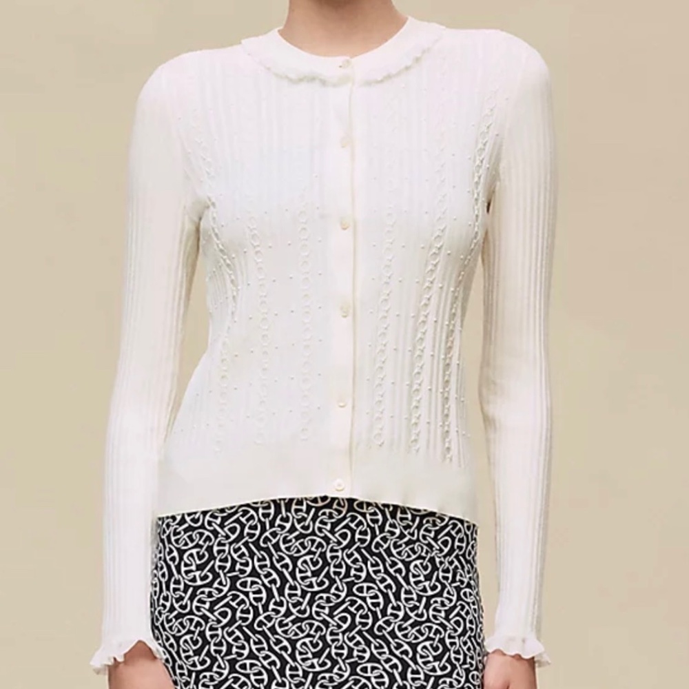 NWT! HERMÈS Long-sleeve cardigan with ruffled sweater sz 38 FR Blanc Naturel